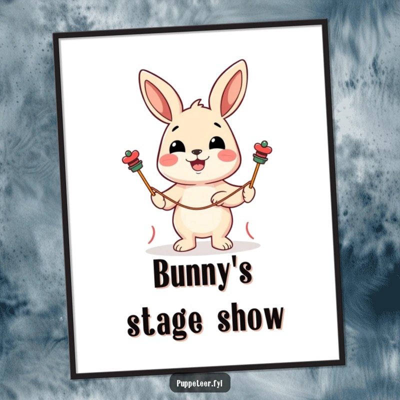 Funny digital art print of a cheerful rabbit character guiding two string puppets with a delighted expression, ready to print.