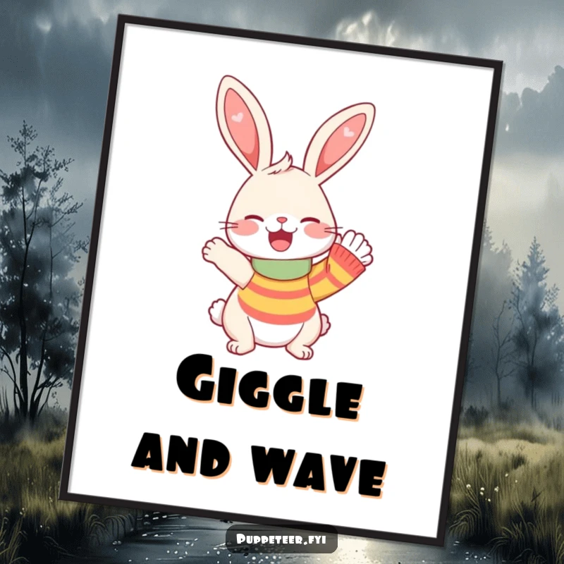 Funny Digital Art Print of a happy rabbit giggling while making a sock puppet wave, perfect for adding cheerful humor to any space.