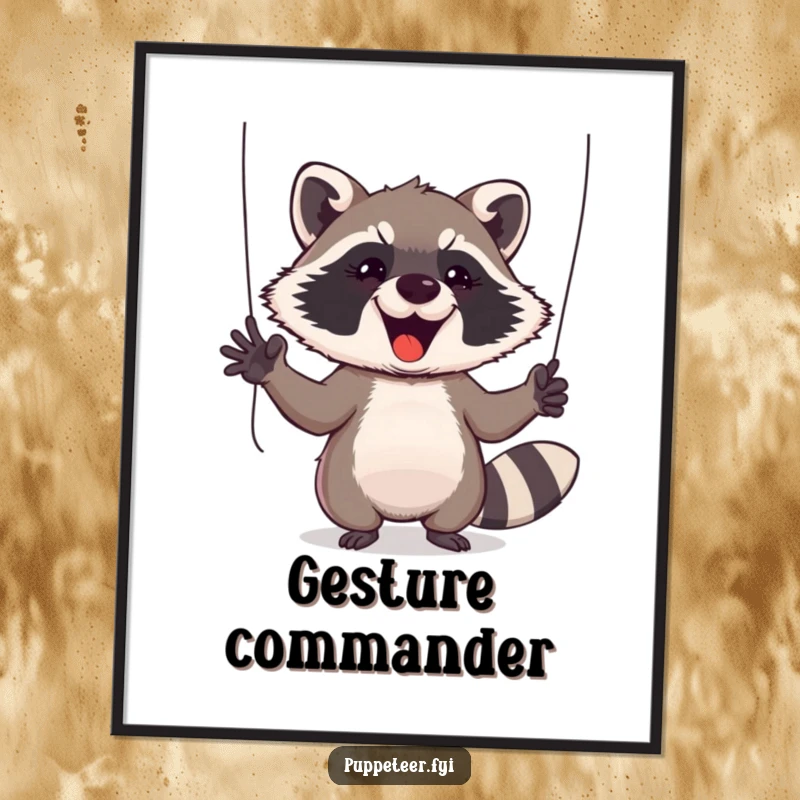 Funny Raccoon Digital Art: Enthusiastic raccoon gestures with puppet-control strings, ideal for instant humorous wall decor.