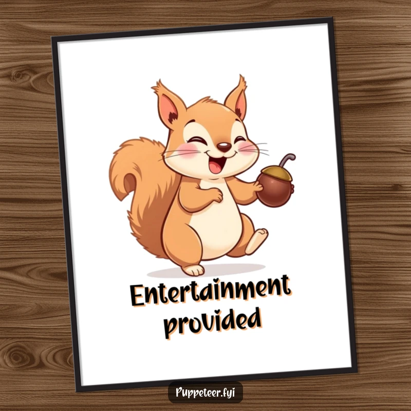 Funny squirrel digital art print featuring a giggling squirrel making a nut puppet hop, ideal for playful and humorous wall decor.