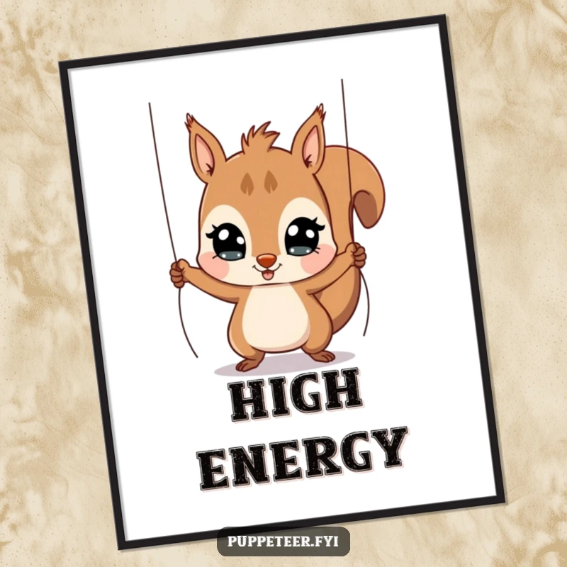 Funny Squirrel Puppet Master Digital Art Print of a playful squirrel pulling strings to make a puppet jump, humorous wall art.
