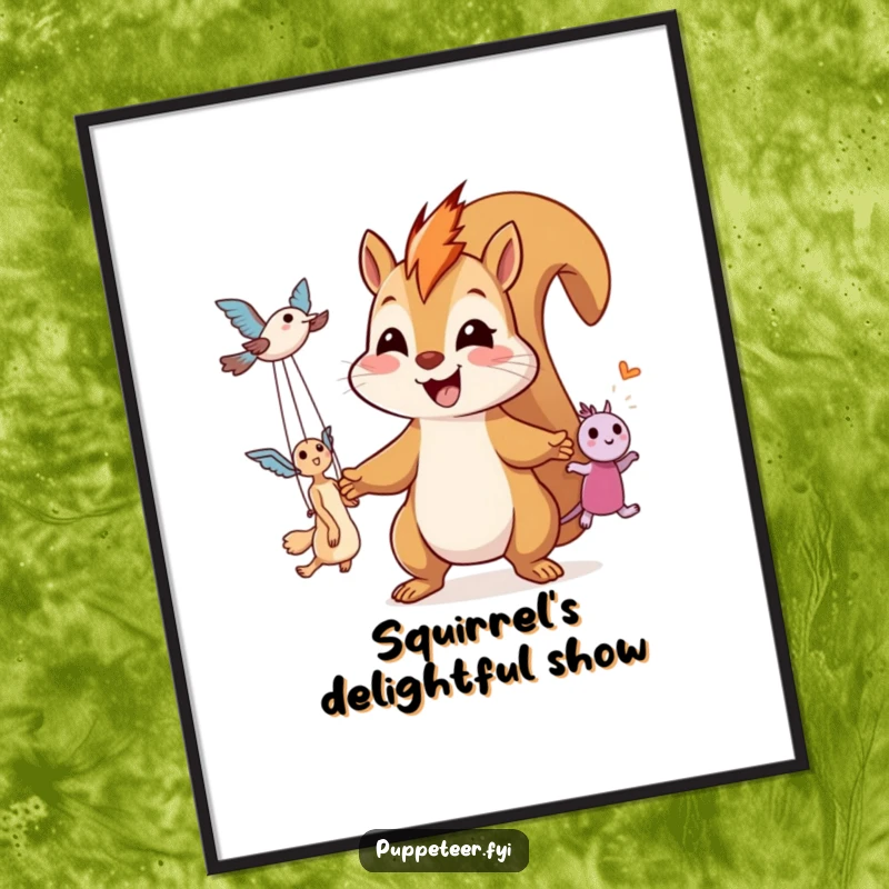 Funny digital art print depicting a giggling squirrel with a smile, masterfully controlling two flying puppets with strings.