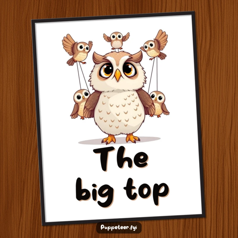 Funny digital art print of a surprised owl watching its owl puppets perform acrobatics, adding wonder.