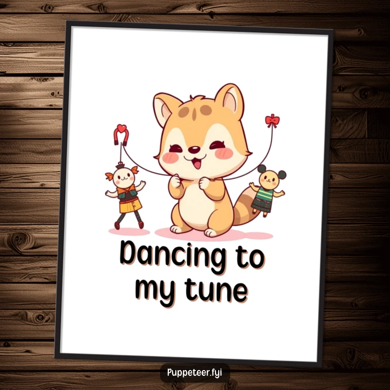 Funny digital art print of a cute animal character controlling strings to make toys dance, creating a scene of joyful playfulness.