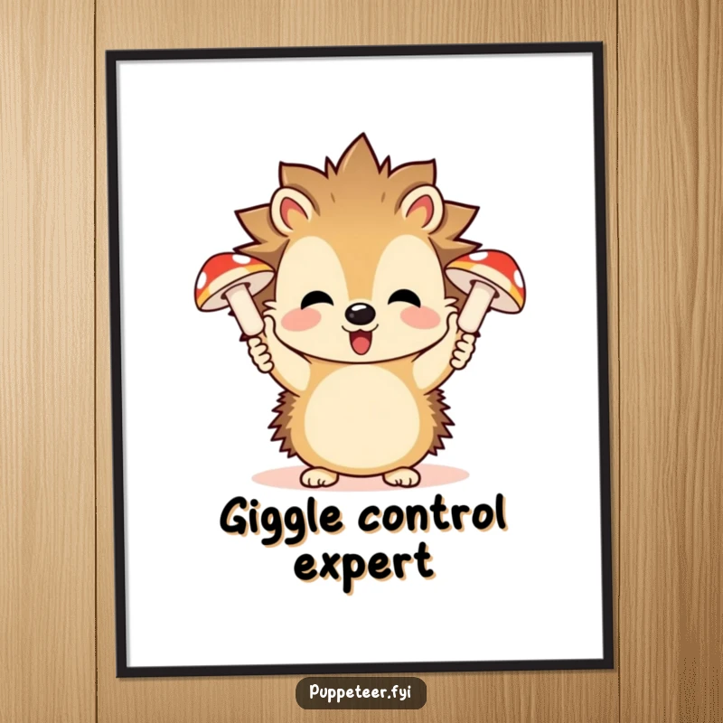 Funny digital art print of a playful hedgehog controlling giggling mushroom puppets, full of whimsical forest charm.