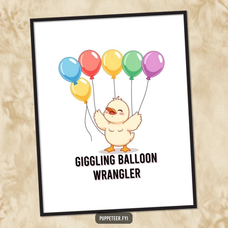 Funny giggling duckling digital art print with strings connected to colorful balloons, for instant cheerful charm.