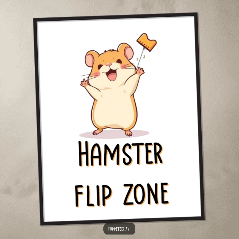 Funny digital art print of a happy hamster making a hamster puppet do a somersault, capturing energetic fun.