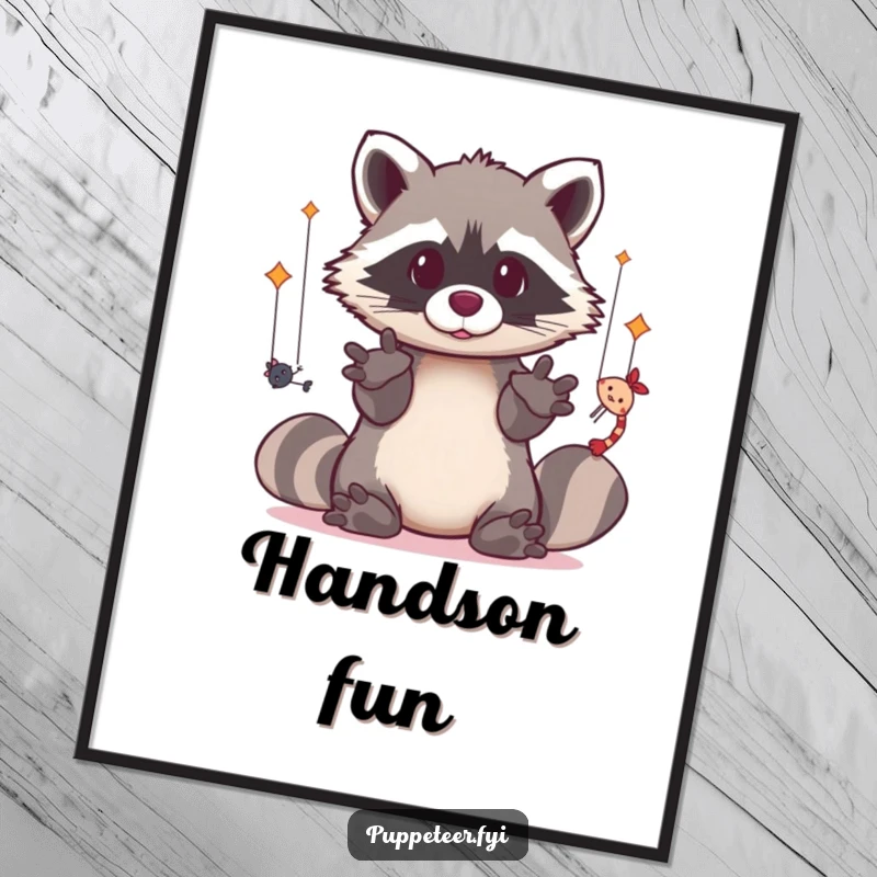 Funny digital art print of a kawaii raccoon with dexterous paws operating puppets, perfect for creative and cute wall decor.