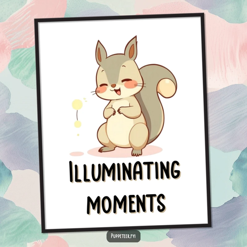 Funny digital art print of a giggling squirrel using its tail to control glowing orbs, radiating playful magic and whimsical charm.