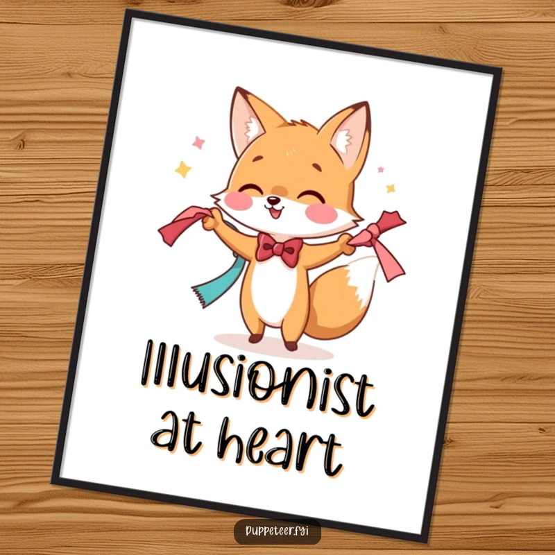 Funny digital art print of a bowtie-wearing fox performing a magic trick with scarves, bringing instant enchantment and whimsy.