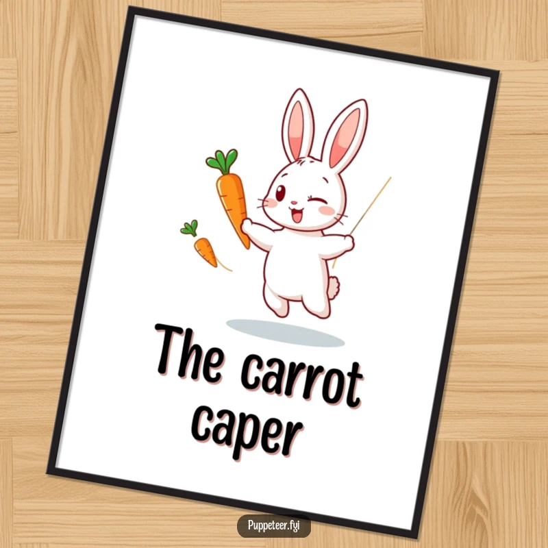 Funny digital art print of a winking rabbit puppet master making a carrot puppet dance with invisible strings, adding whimsy to decor.