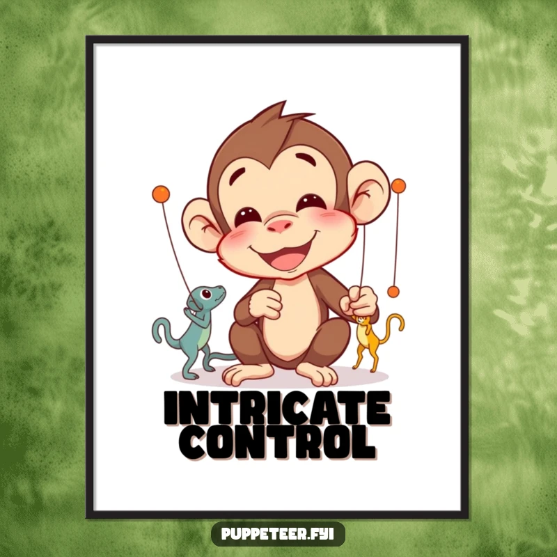 Funny Monkey Puppet Master Digital Art Print of a delighted monkey concentrating on intricate puppet movements, humorous wall art.