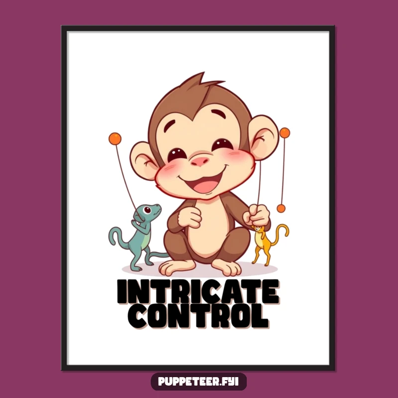 Funny Monkey Puppet Master Digital Art: Delighted Character's Intricate Puppet Wall Art