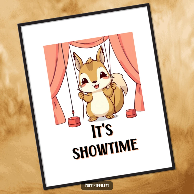 Funny digital art print of a happy squirrel character intently adjusting puppet strings, conveying a sense of deep focus and craftsmanship.
