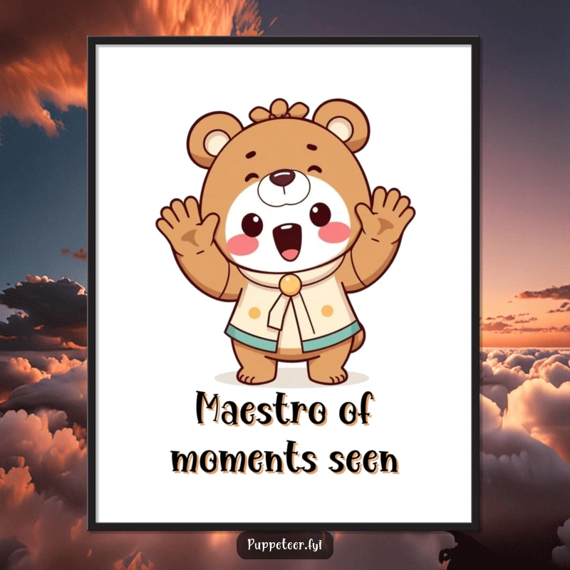 Funny bear puppet master digital art print of a cheerful bear waving hands, making a tiny puppet dance, ready for instant download.