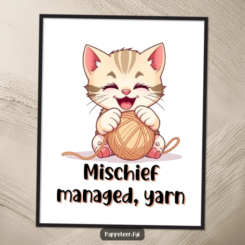 Funny mischievous kitten digital art print of gleeful paws controlling a ball of yarn, for instant adorable charm.