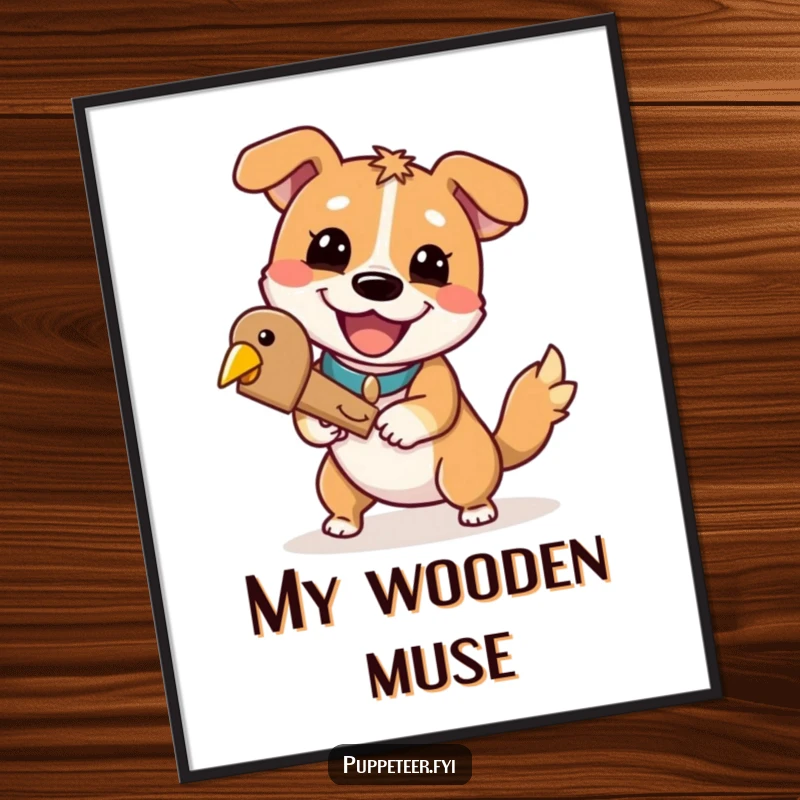 Funny digital art print: a playful dog with a cheerful grin is a puppet master controlling a wooden bird.