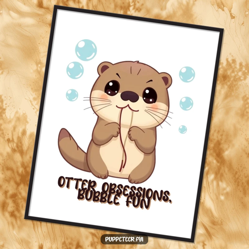 Funny digital art print of a curious otter with wide eyes, holding strings attached to colorful, floating bubbles, symbolizing wonder.