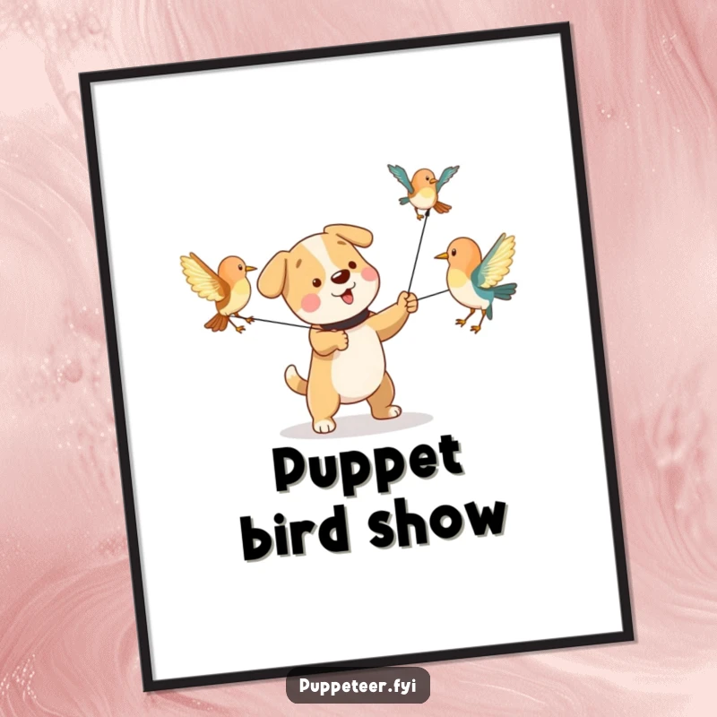 Funny digital art print of a playful dog character pulling strings to make bird puppets flap their wings, ready to print.