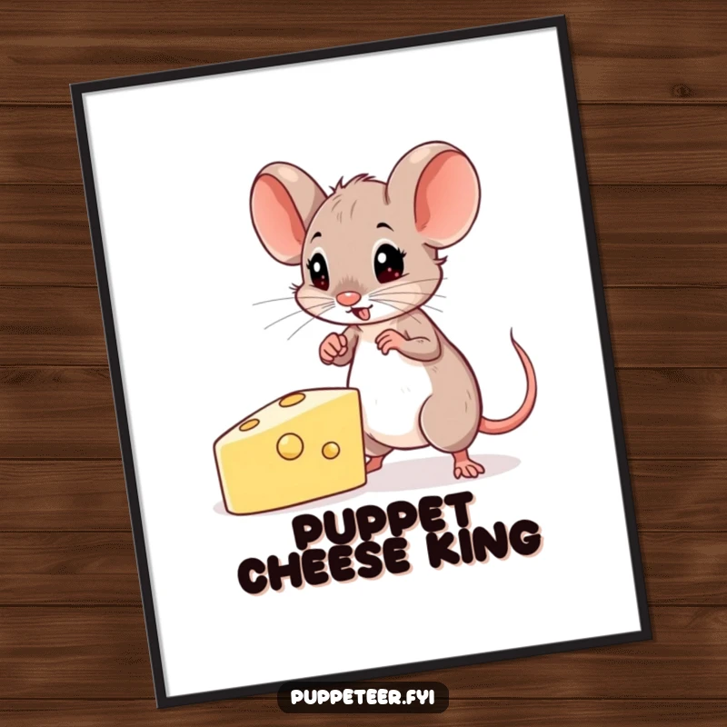 Funny Mouse Digital Art Print of a determined mouse skillfully guiding a cheese-shaped puppet, offering focused charm and humorous drive for instant decor.