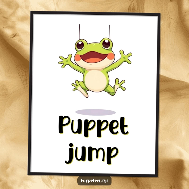 Funny digital art print of a cheerful frog character leaping and controlling a frog puppet with strings, a lively and joyful scene.