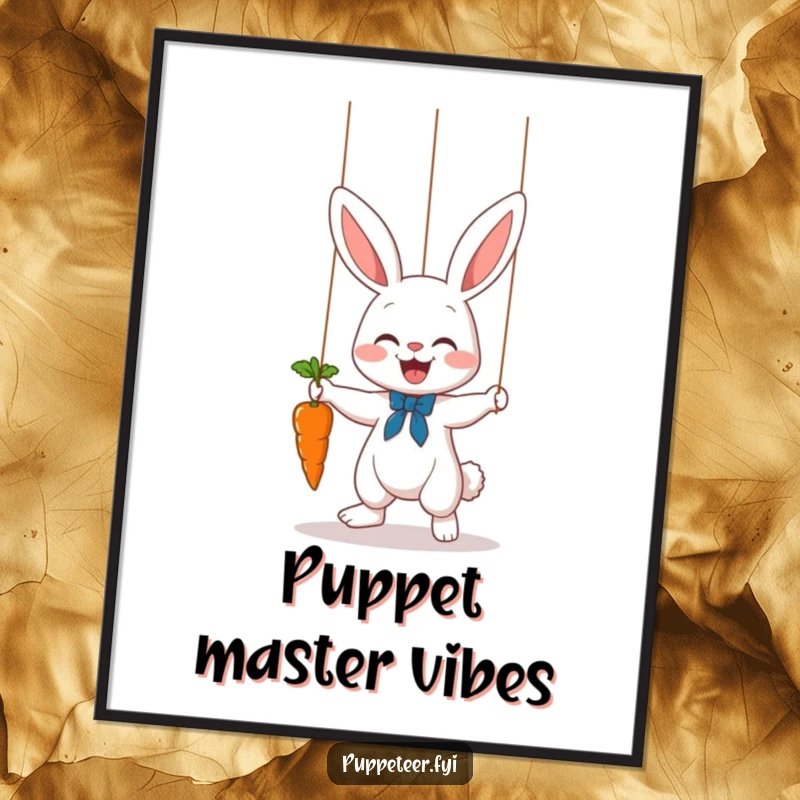 Funny bunny puppet master digital art print of a cute rabbit puppeteer making a carrot dance on a string, for instant joy.