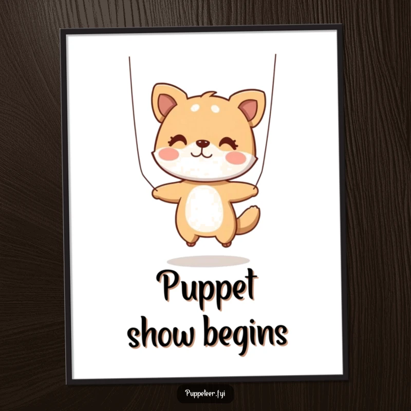Funny Digital Art: A high-resolution print of a playful animal character skillfully using two strings to make a puppet jump with animated glee for decor.