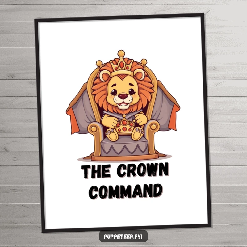 Funny digital art print of a proud lion puppet master on a throne directing a tiny crown puppet, adding majestic charm to decor.