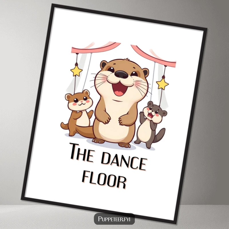 Funny digital art print of a jolly otter with a wide grin, making animal puppets dance.