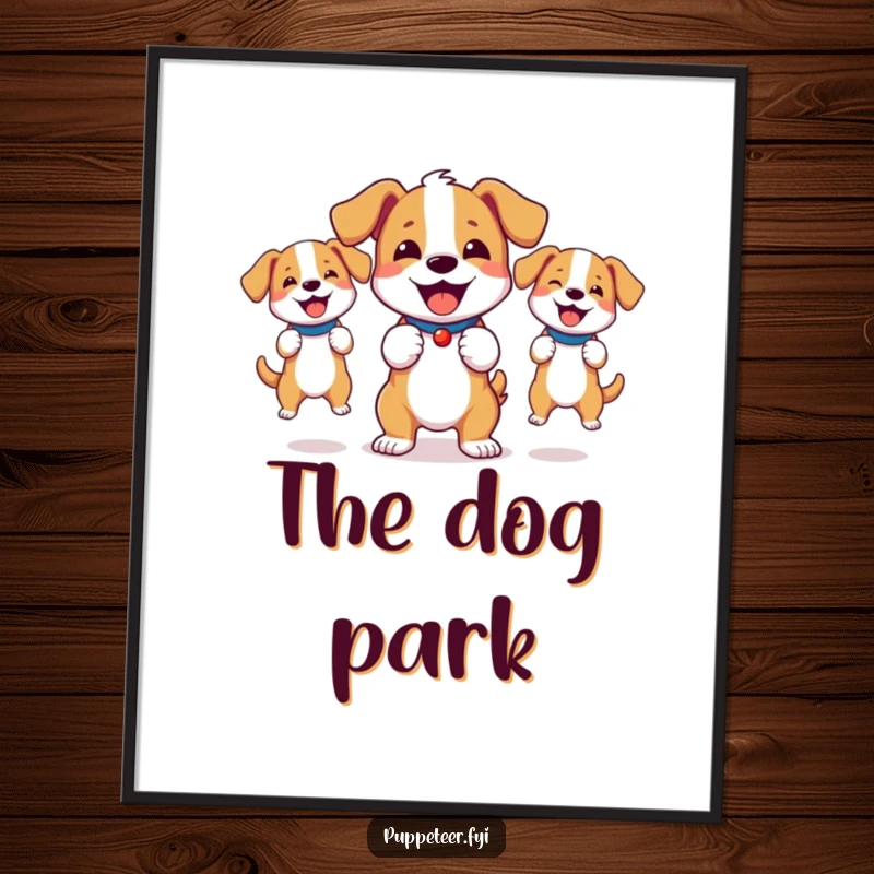 Funny digital art print of a bouncy dog joyfully controlling two energetic dog puppets, adding playful energy.