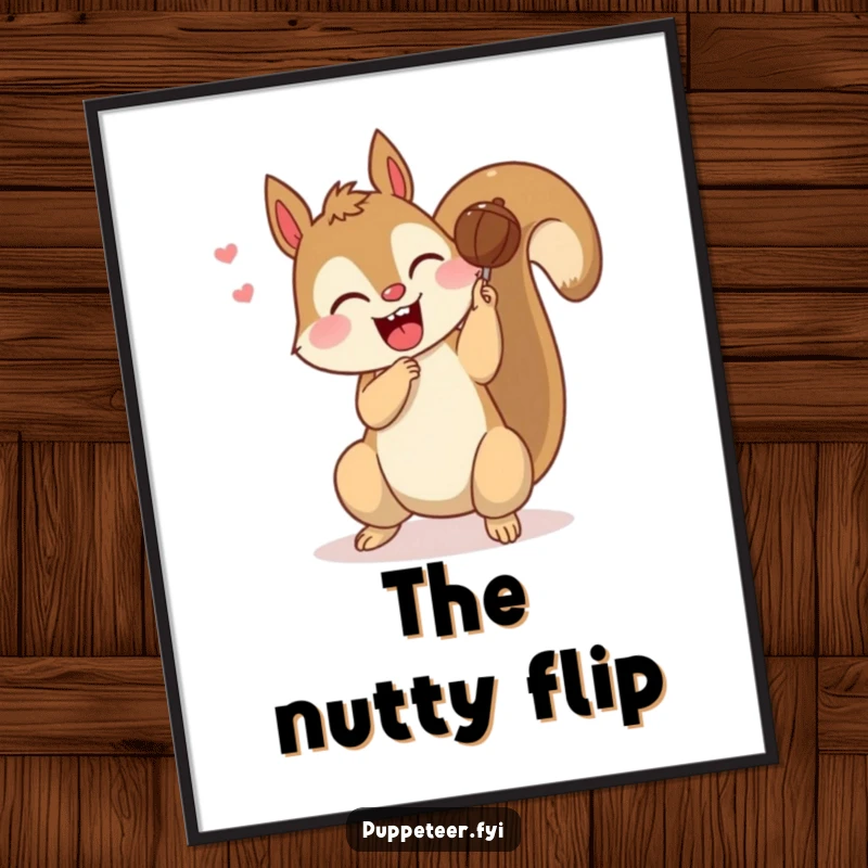 Funny digital art print of a giggling squirrel making a nut puppet do a somersault, adding playful and energetic decor.
