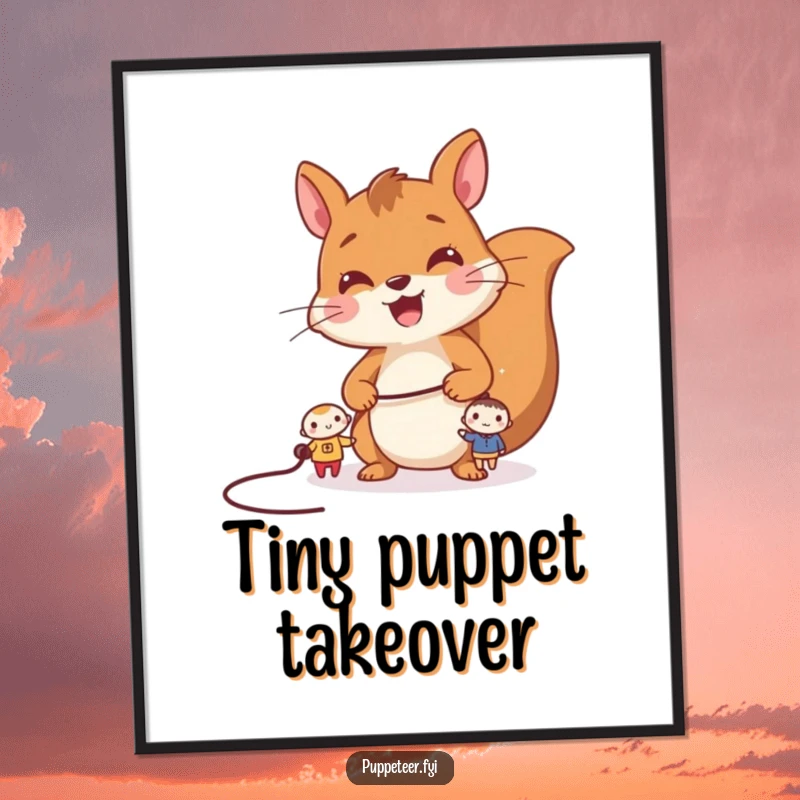 Funny digital art print of a cheerful squirrel controlling two tiny characters with a string, perfect for playful decor.