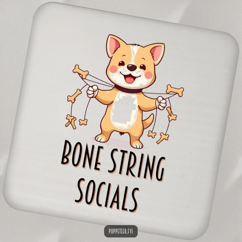 Funny proud dog coasters with multiple strings controlling tiny bone-shaped puppets marching, stylish protection for tabletops.