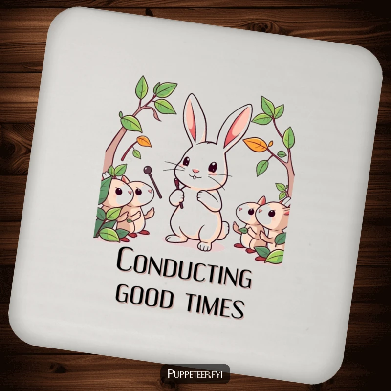 Funny drink coaster featuring a determined rabbit conducting leaf puppets with a tiny baton, protecting furniture with woodland humor.