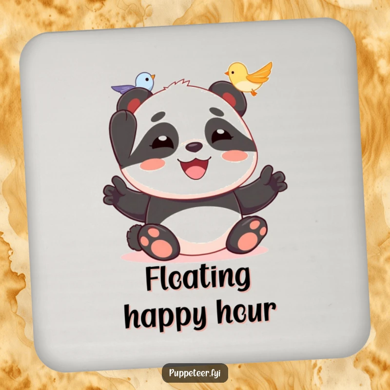Funny drink coasters featuring a joyful panda making a tiny bird puppet fly, adding playful humor to any surface.