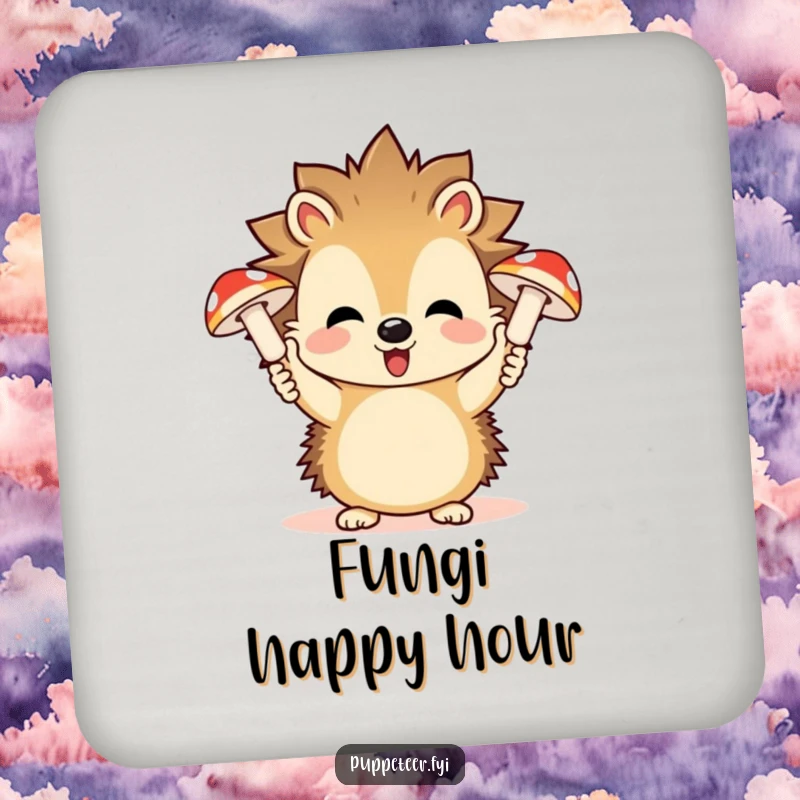 Funny drink coaster featuring a playful hedgehog controlling giggling mushroom puppets, protecting furniture with forest humor.