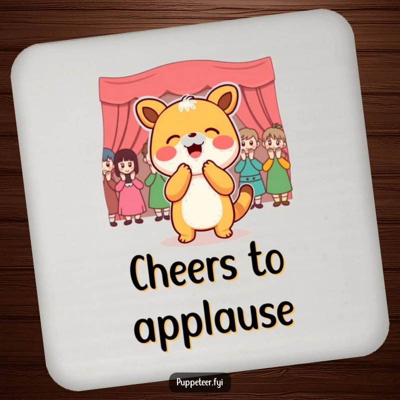 Funny Coaster: Joyful animal character bowing to an applauding puppet audience, protecting surfaces with humor.