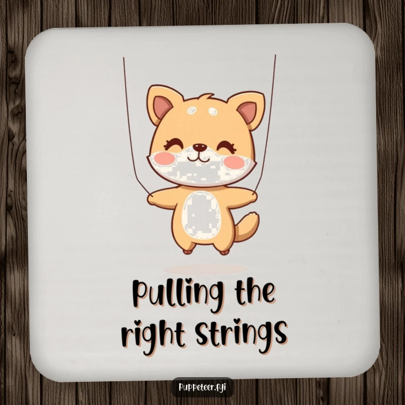 Funny Coaster: A coaster depicting a playful animal character using strings to make a puppet jump, adding a touch of animated fun to surfaces.