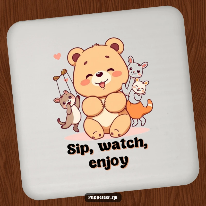 Funny bear cub coaster with a cheerful bear cub bowing with its happy, dancing animal puppets, a humorous accessory for tables.
