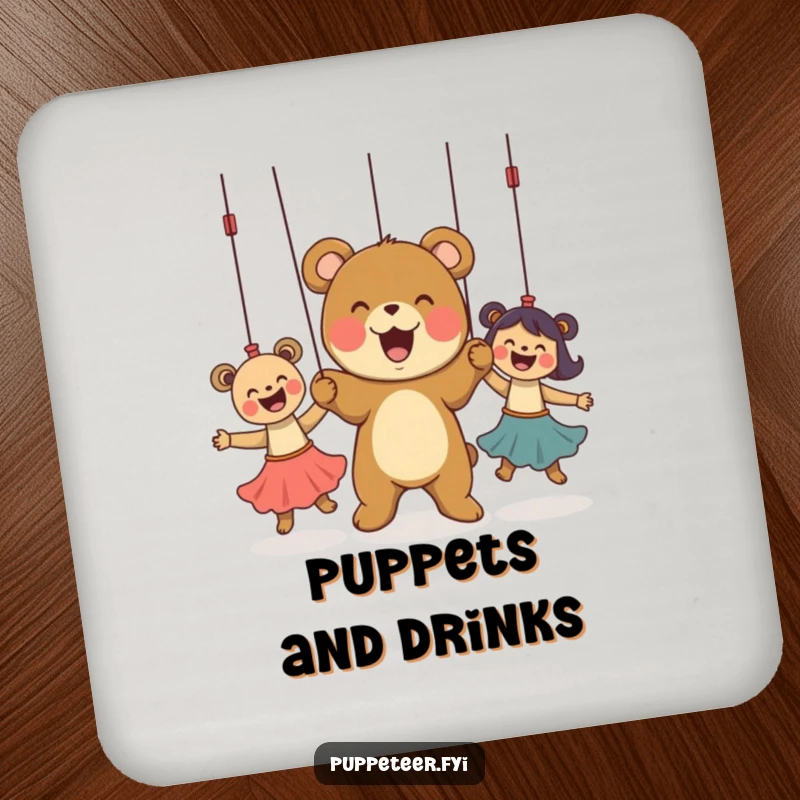 Funny Drink Coaster featuring a delighted bear cub controlling puppets, offering surface protection with a humorous and masterful design.