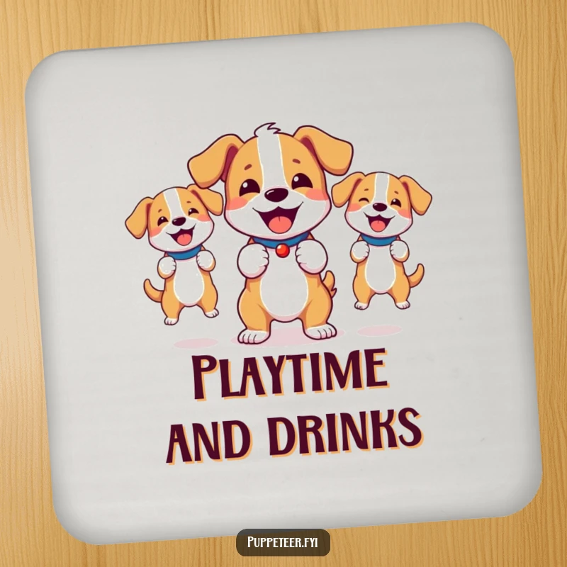 Funny drink coaster featuring a bouncy dog joyfully controlling energetic dog puppets, adding a playful touch.