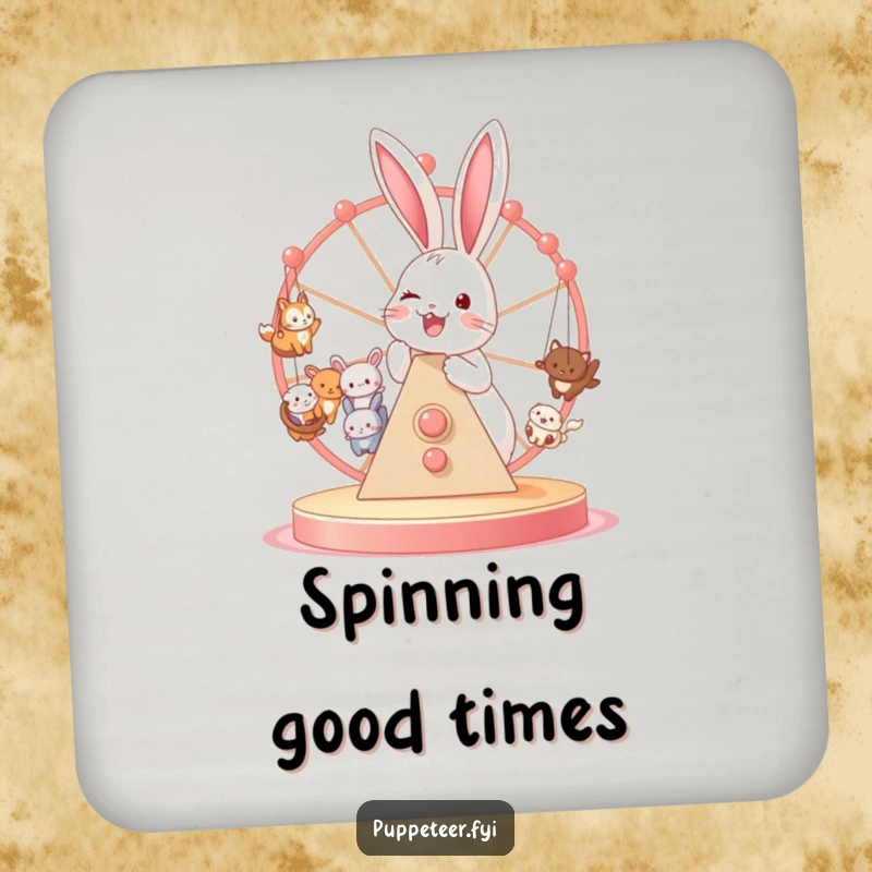 Funny coaster art showing a joyful bunny operating a Ferris wheel with tiny animal puppets, adding humor.