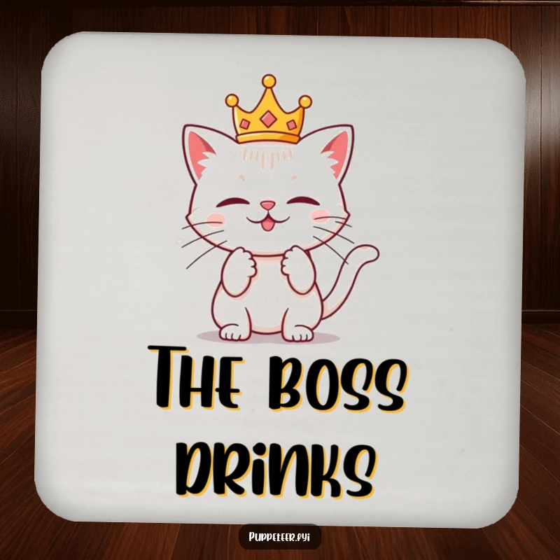 Funny drink coaster depicting a mischievous cat wearing a tiny crown, tugging on invisible strings, protecting surfaces with playful authority.