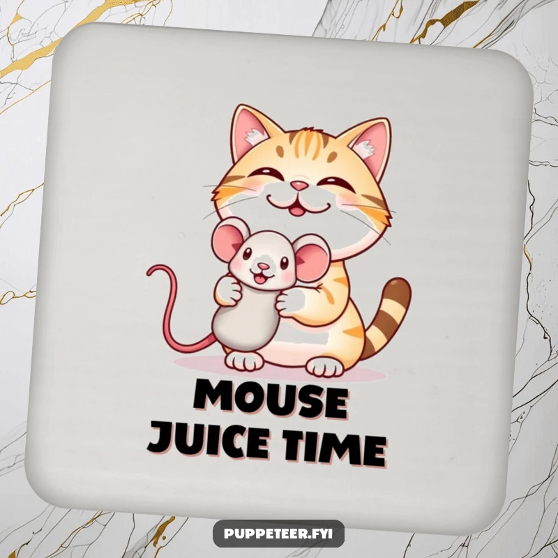 Funny drink coaster featuring a giggling cat proudly showing off a mouse puppet, ideal for adding humor.