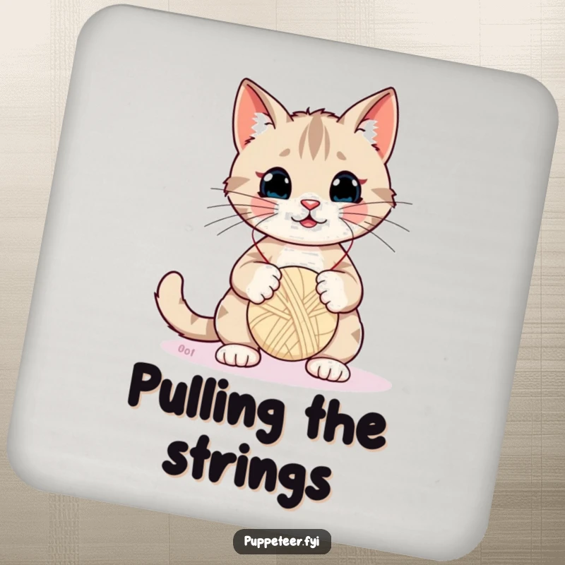 Funny Cat Coaster: A mischievous cat wiggles strings to make a yarn ball puppet bounce, adding humor to your drink setup.