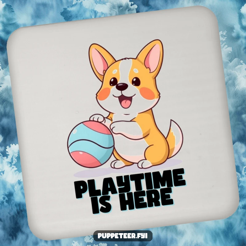 Funny drink coasters featuring an excited corgi playing with a bouncing ball puppet, adding playful humor to any surface.