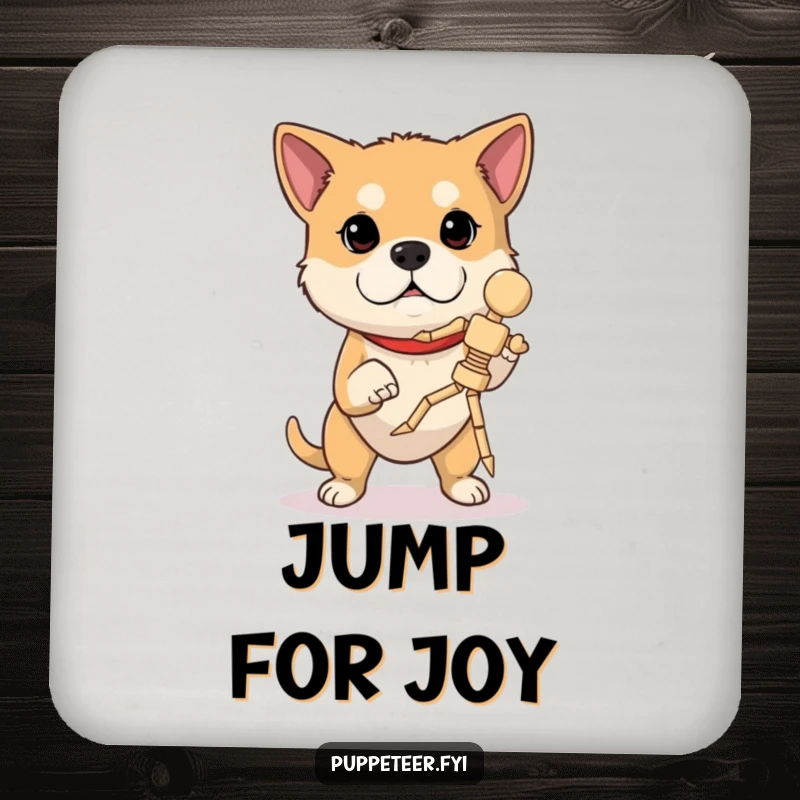 Funny dog coaster with a determined dog concentrating, operating a wooden marionette in mid-jump, offering skillful surface protection.