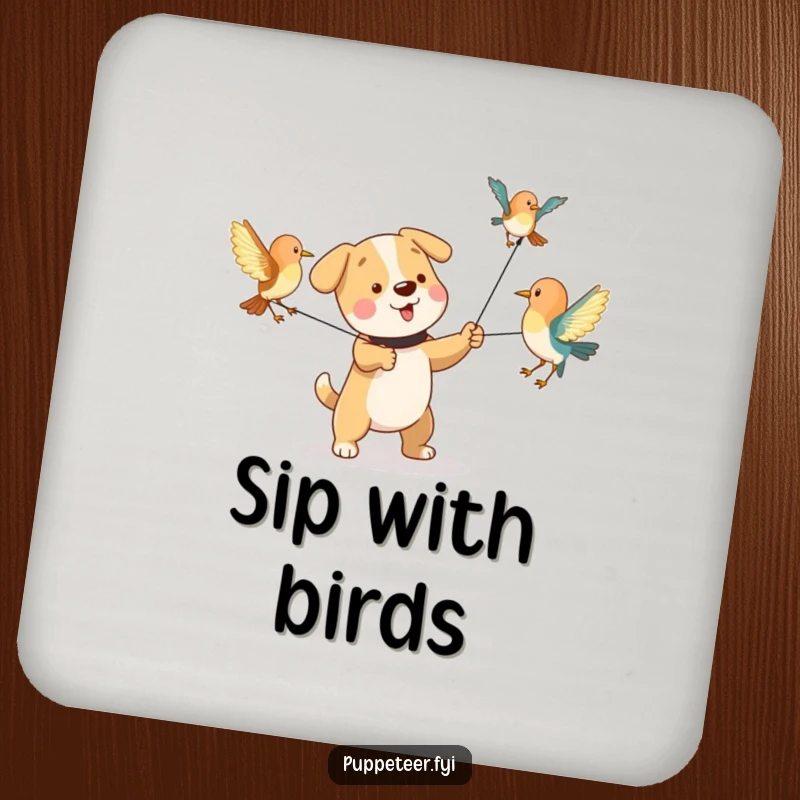 Funny drink coasters depicting a playful dog character pulling strings to make bird puppets flap their wings, charming table protection.