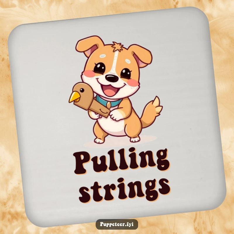 Funny dog coasters showing a playful dog with a cheerful grin controlling a wooden bird, adding humor to surfaces.
