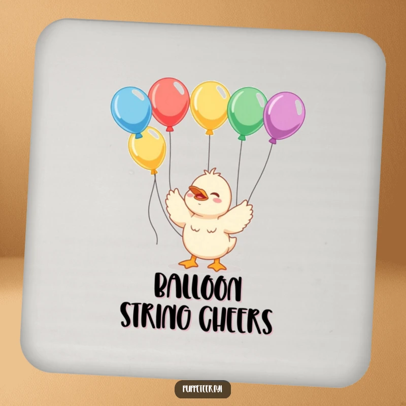 Funny giggling duckling coasters with strings connected to colorful balloons, stylish protection for tabletops.